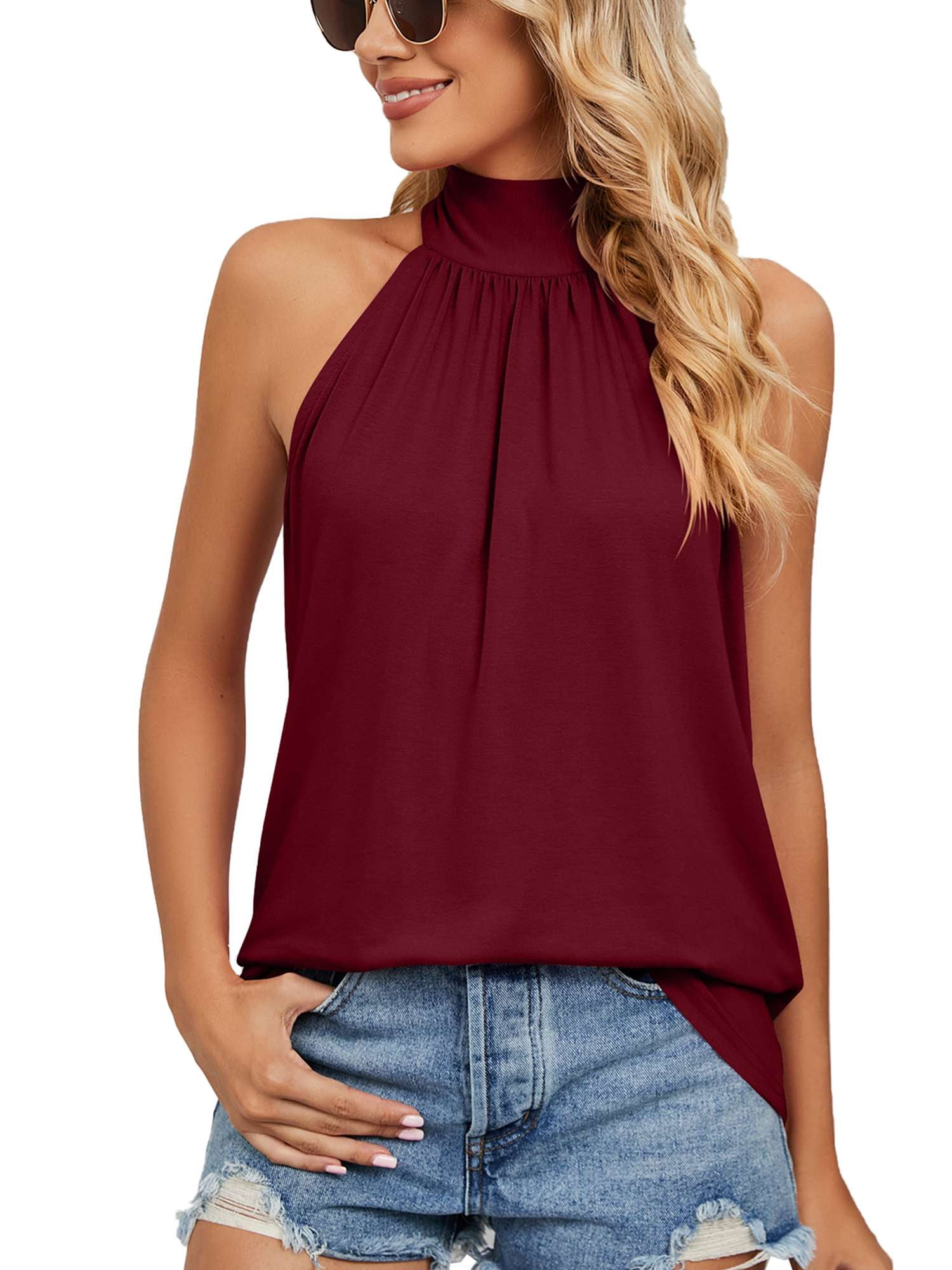 Womens Summer Solid Colour Halter Neck Blouse Top Smooth Loose Fit