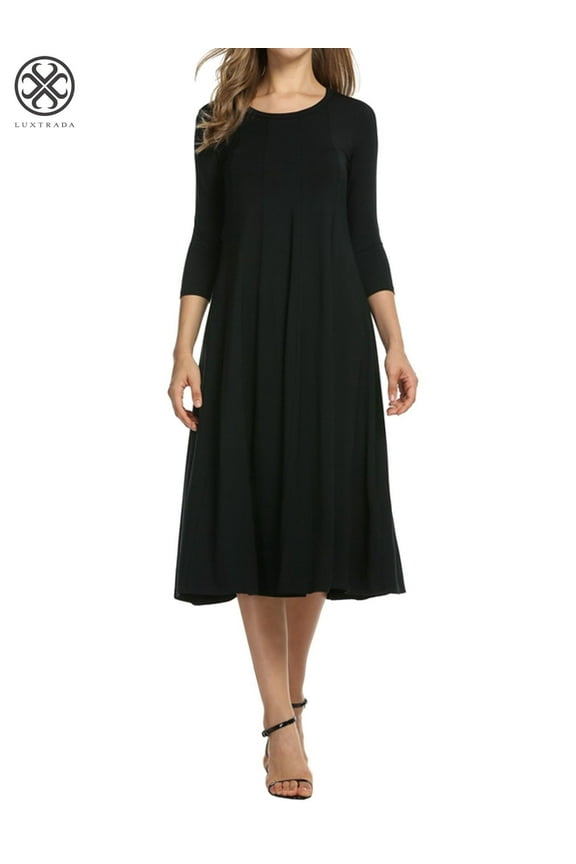 Women's Solid Casual Basic Comfy 3/4 Sleeve Loose Fit A-line Midi Dress (Black,L)