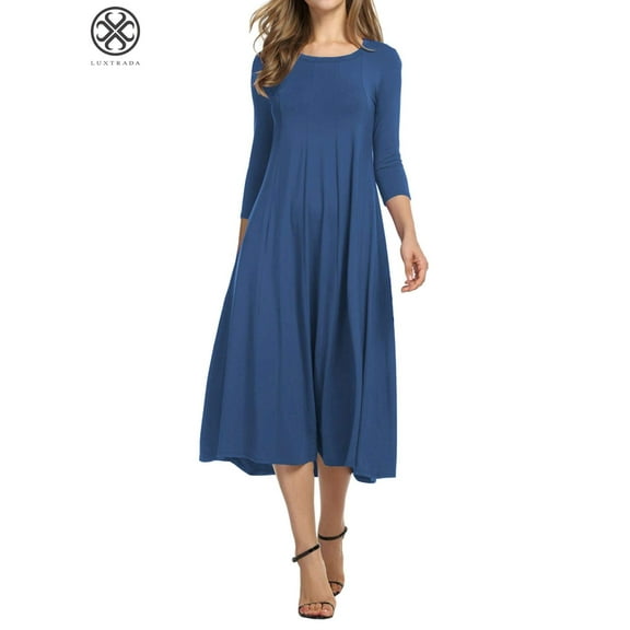 Luxtrada Women's Solid Casual Basic Comfy 3/4 Sleeve Loose Fit A-line Midi Dress (Navy,L)