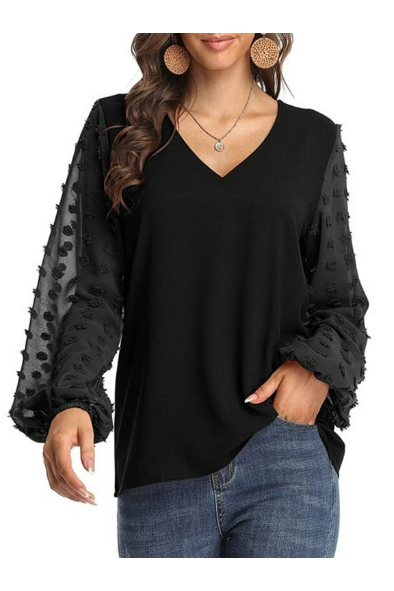 Women's Swiss Dot Tops Lantern Sleeve V Neck Casual Chiffon Blouses Work Shirts, Black L