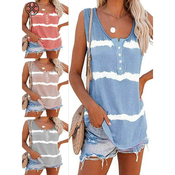 Luxtrada Women's Tie Dye Vest Plus Size Tank Tops Summer Sleeveless Shirts Loose Blouse Blue,2XL