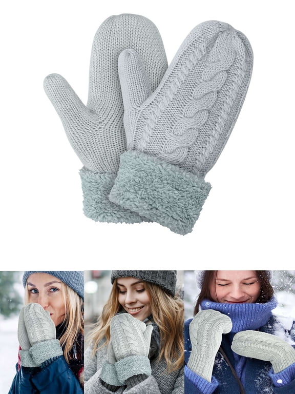 Women's Winter Gloves Warm Lining Mittens- Cozy Wool Knit Thick Gloves Novelty Mittens Cold Weather (Gray)