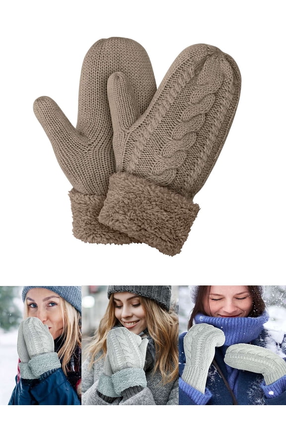 Women's Winter Gloves Warm Lining Mittens- Cozy Wool Knit Thick Gloves Novelty Mittens Cold Weather (Khaki)