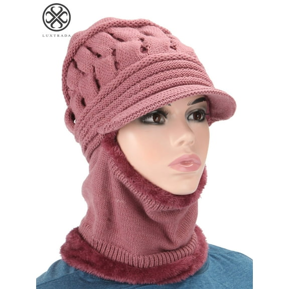Luxtrada Womens Bib Beanie Hat Pom Bobble Scarf Mask Set Knitted Winter Warm Snow Ski Cap Knit Skull Cap with Fleece Lined