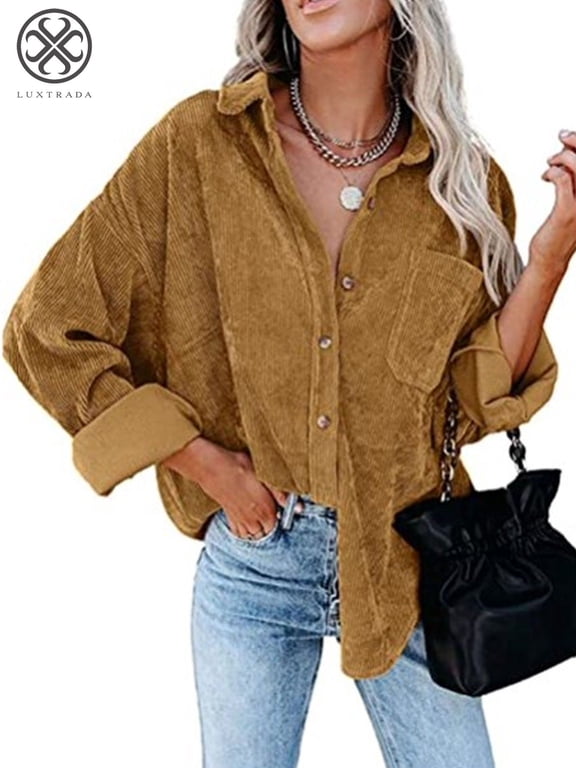 Womens Corduroy Casual Button Down Shirts Long Sleeve Boyfriend Oversized Collared Jacket Blouses Tops