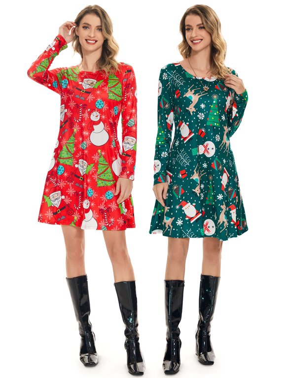 Luxtrada Womens Cute Christmas Xmas Santa Dress with Pockets Vintage Snowman Santa Claus Long Sleeve Dress Winter Christmas Party New Years Tunic Shirt Dresses (Red,M)