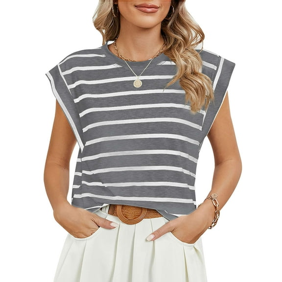 Luxtrada Womens Fashion Round Neck Sleeveless Striped Pullover Tank Top Womens Summer Casual Tunic Loose Tshirts (Gray,L)