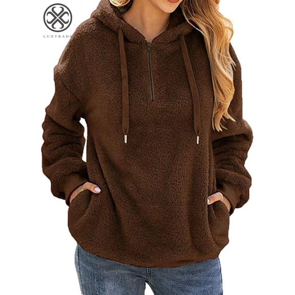 Luxtrada Womens Fuzzy Fleece Sweatshirt Casual Loose Sherpa Sweater Pullover Tops Long Sleeve Pullover Hoodie with Pockets Outerwear Oversized