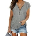 thumbnail image 1 of Luxtrada Womens Loose Fitting Zip Up Deep V Neck Short Sleeve Tops Tunic (Gray,M), 1 of 3