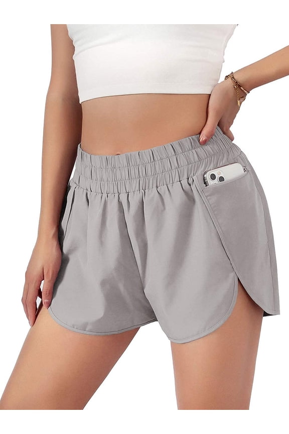 Womens Quick-Dry Running Shorts Sport Layer Elastic Waist Active Workout Shorts with Pockets (Gray,XL)