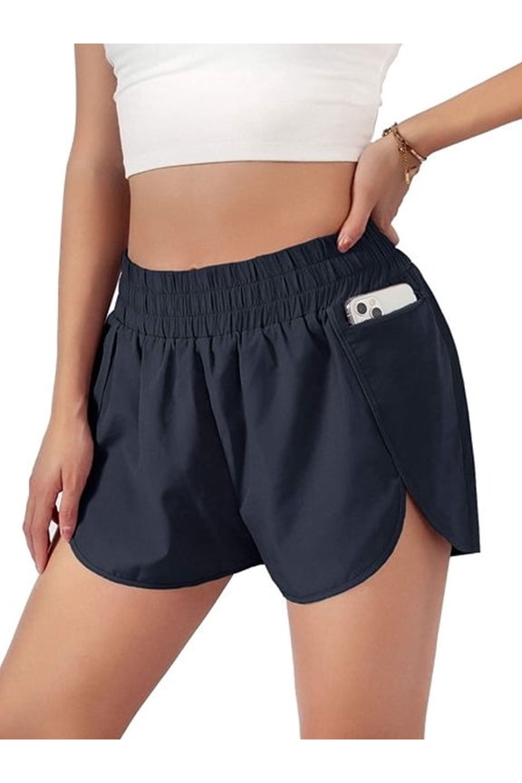 Womens Quick-Dry Running Shorts Sport Layer Elastic Waist Active Workout Shorts with Pockets (Navy,L)