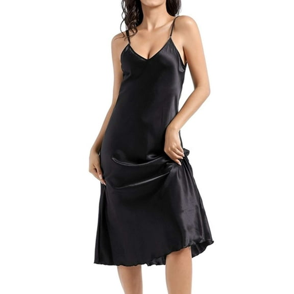 Luxtrada Womens Satin Nightgown Long Slip Sleep Dress Silk V Neck Nightgowns For Women (Black,2XL)