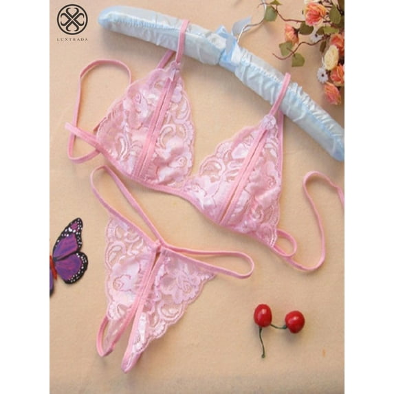 Luxtrada Womens Sexy Bridal Lingerie Lace Floral Babydoll Stretch Strappy Set with Cute Bowknot Mesh Thong