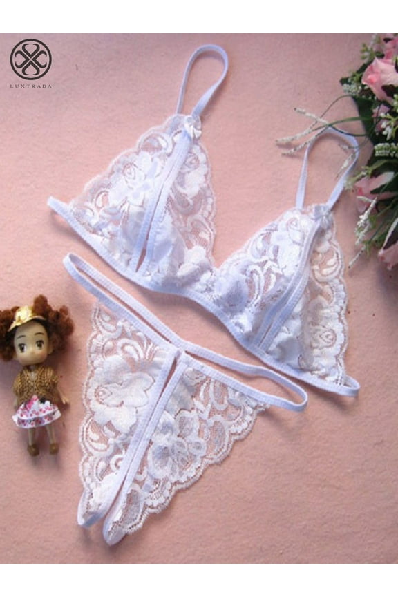 Womens Sexy Bridal Lingerie Lace Floral Babydoll Stretch Strappy Set with Cute Bowknot Mesh Thong