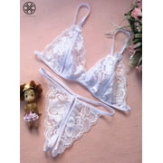Luxtrada Womens Sexy Bridal Lingerie Lace Floral Babydoll Stretch Strappy Set with Cute Bowknot Mesh Thong