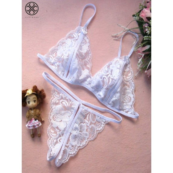 Luxtrada Womens Sexy Bridal Lingerie Lace Floral Babydoll Stretch Strappy Set with Cute Bowknot Mesh Thong