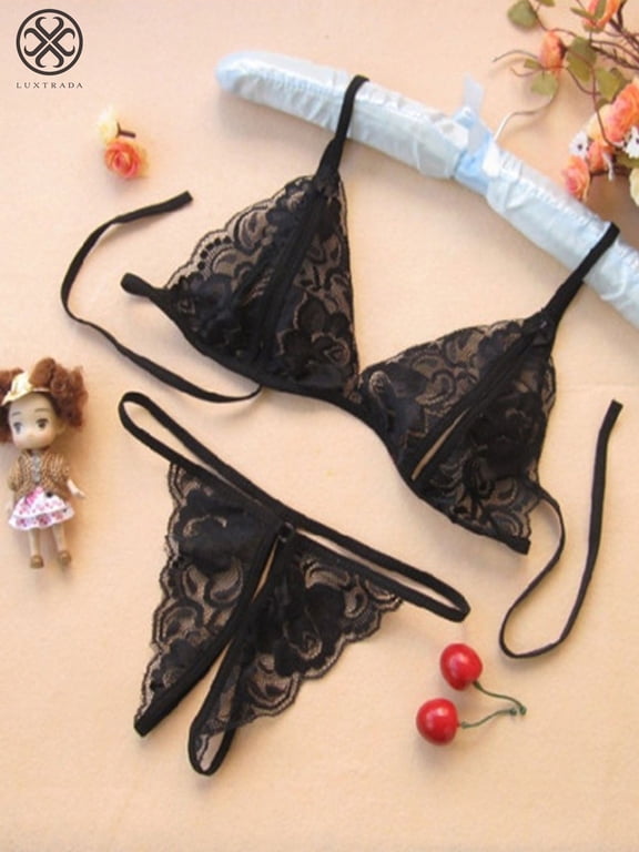 Womens Sexy Bridal Lingerie Lace Floral Babydoll Stretch Strappy Set with Cute Bowknot Mesh Thong