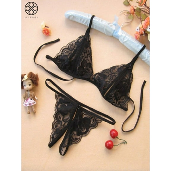Luxtrada Womens Sexy Bridal Lingerie Lace Floral Babydoll Stretch Strappy Set with Cute Bowknot Mesh Thong