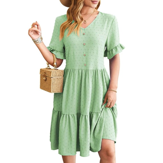 Luxtrada Womens Short Sleeve Dresses Casual Loose Fit Swing T Shirt Dress (Green,L)