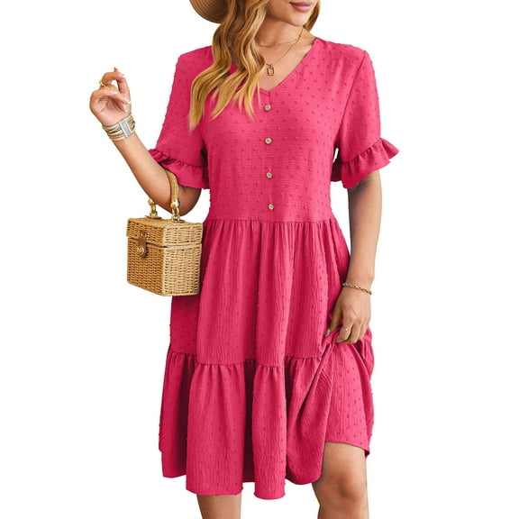 Luxtrada Womens Short Sleeve Dresses Casual Loose Fit Swing T Shirt Dress (Rose Red,S)