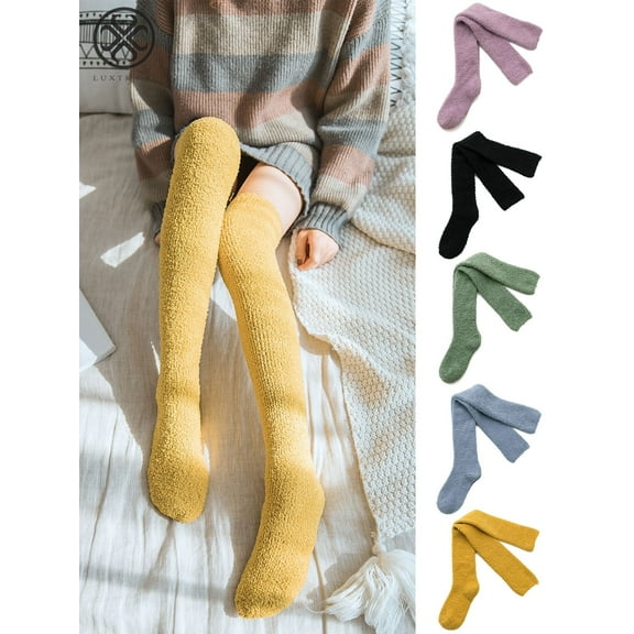 Luxtrada Womens Soft Warm Coral Velvet Knee High Stockings Fuzzy Socks 1 Pairs