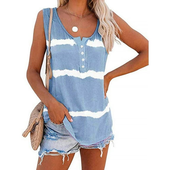 Luxtrada Womens Summer Boho Tie Dye Tank Tops Summer Sleeveless Henley Shirts Button Up Crewneck Casual Workout Camis T-shirt Plus Size (XL, Blue)