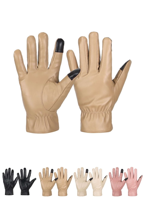 Womens Touch Screen Gloves Leather Phone Texting Glove Thermal Warm For Winter (Khaki)