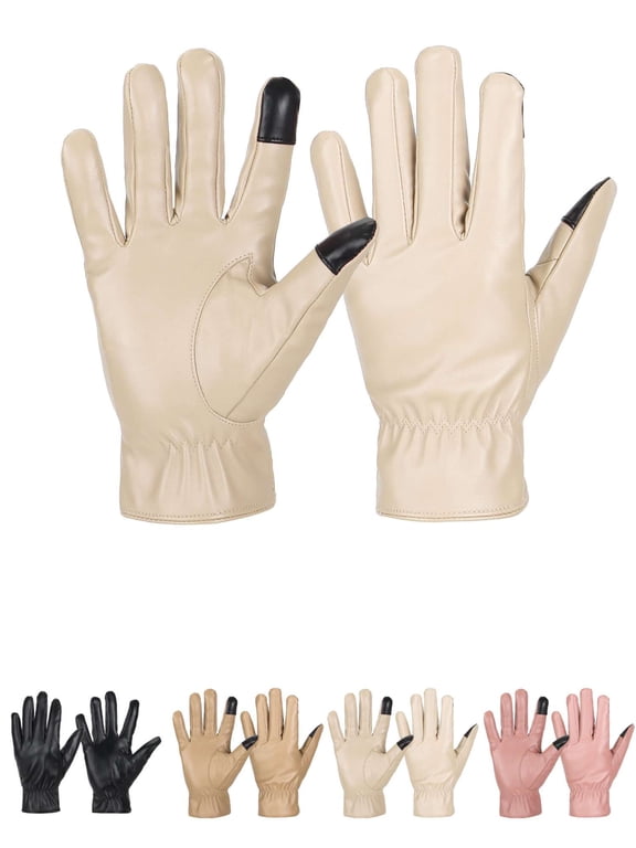 Womens Touch Screen Gloves Leather Phone Texting Glove Thermal Warm For Winter (White)