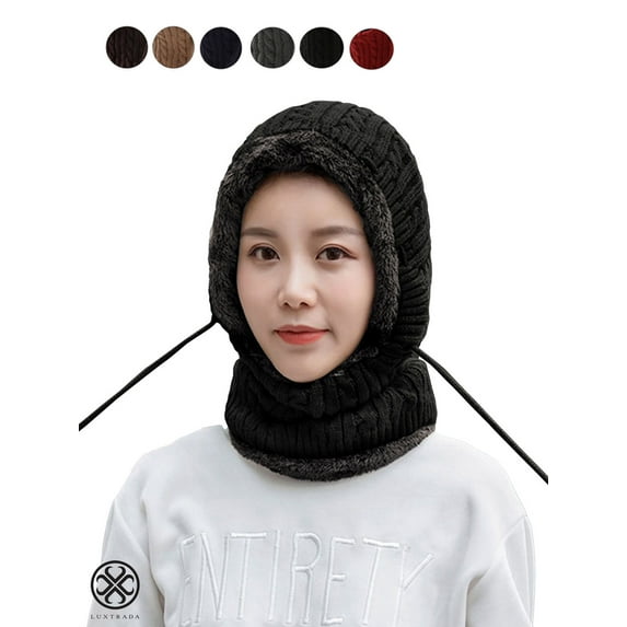 Luxtrada Womens Winter Beanie Hat Scarf Hat Set Conjoined Neck Head Warmer Wrap Warm Winter Hats Neck Scarves (Black)