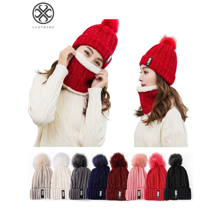 Dressify Winter Knitted Beanies Hats Women Thick Warm Beanie Skullies Hat  Female Knit Letter Beanie Caps Scarf Outdoor Riding Sets Red Color