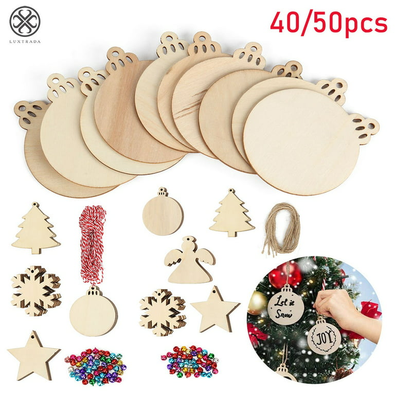 50 Pcs Wooden Christmas Ornaments Unfinished, Wood Slices for Crafts in 5  Styles with 10 Twine, DIY Wooden Christmas Ornaments Hanging Decorations