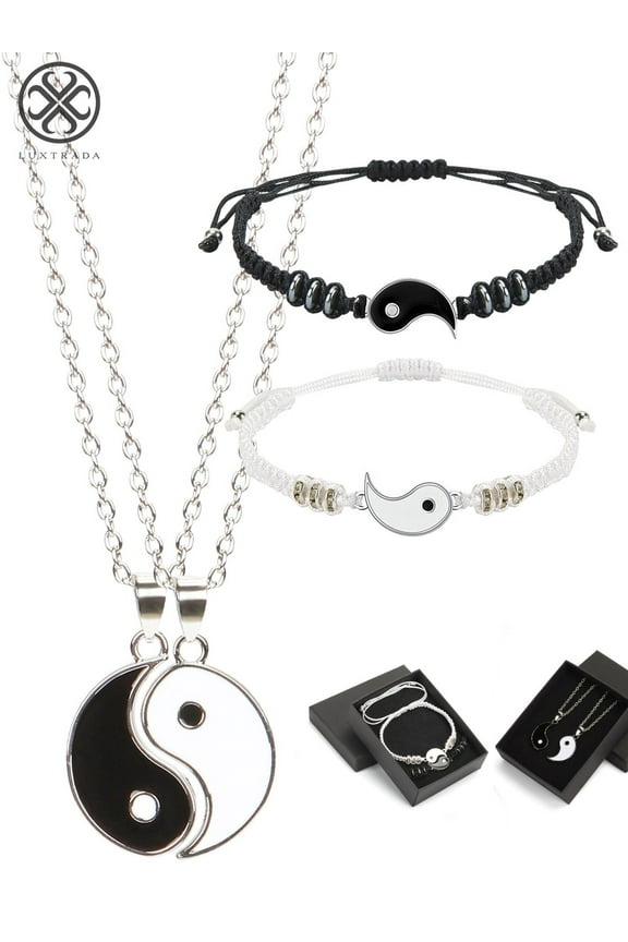 Yin Yang Friend or Couple Bracelet Couple Necklace Set, 2 Pieces Matching Yin Yang Adjustable Cord Bracelet, 2 Pieces Yin Yang Couple Pendant Necklace Chain for Couple