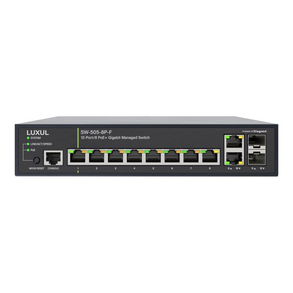 Luxul SW-505-8P-F - Switch - front facing ports, L2, US power cord - L3 - managed - 8 x 10/100/1000 (PoE+) + 2 x 10/100/1000 + 2 x Gigabit SFP (uplink) - rack-mountable, desktop - PoE+ (130 W) - TAA Compliant