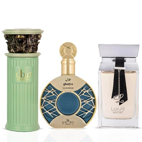 Luxure Woman by Rave, Manaal by Ard Al Zaafaran & Ghaliya by Hamidi Eau de Parfum Sprays 100ml (3.4 oz) (Bundle)