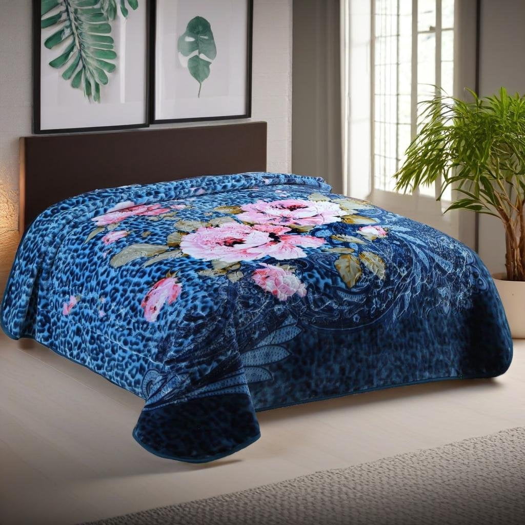 Luxuriate in Comfort with Our Double-Ply Sided Velvet Raschel Blanket - Weighted, Reversible, Cozy, and Warm for All Seasons, Featuring an Elegant Floral Design in Rich Blue Tones, King,83*95in