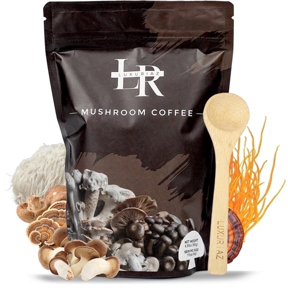 Luxuriaz Instant Mushroom Coffee (30 Servings) – USDA Organic 6-Mushroom Blend with Lion's Mane, Reishi & Cordyceps for Focus, 180g