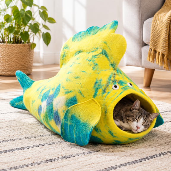 Luxuriomerino Cat Cave - Foldableaway Pod For Indoor Cats Felt Kitten Pet Enclosure Covered House Ultimate Cozyfort By (fish)