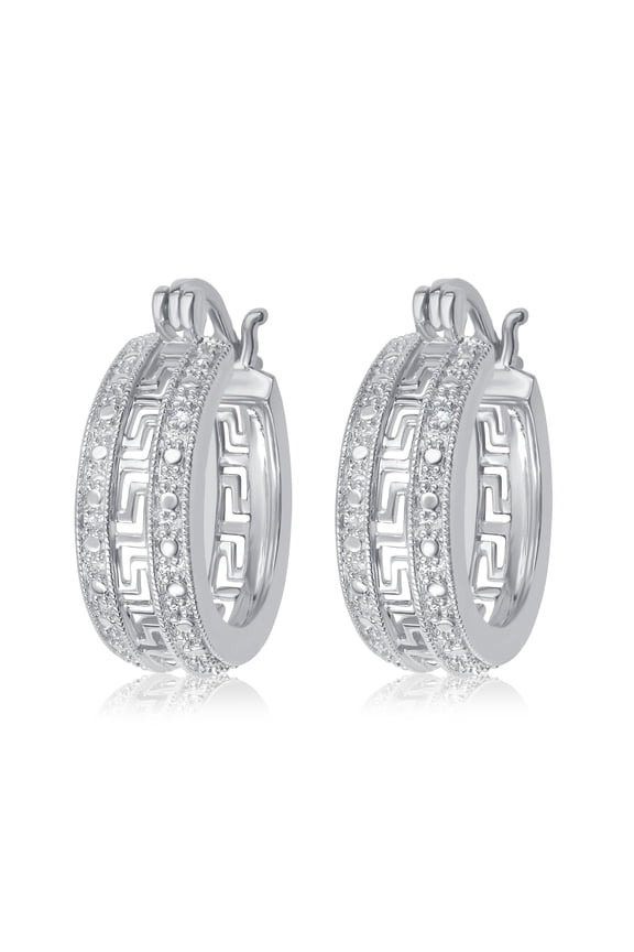 Luxurious 0.02 Cttw Natural Diamond Accent Greek Key Hoop Earrings In 14K White Gold Plated