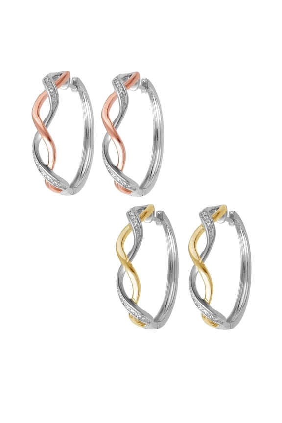 Luxurious 0.02 Cttw Natural Diamond Accent Two Tone Twisted Hoop Earrings In Two Colors Sets Crafted In 14K Gold Plated.