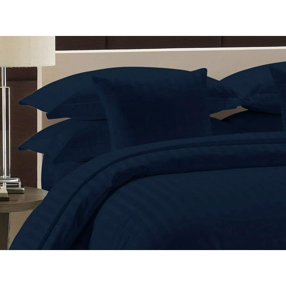 Luxurious 1 Piece Duvet Cover (120" x 98") 100% Egyptian Cotton 600 Thread Count with Zipper Closure & Corner Ties Ultra Soft & Easy Care Bedding (Oversized Super King,) Navy Blue Stripe