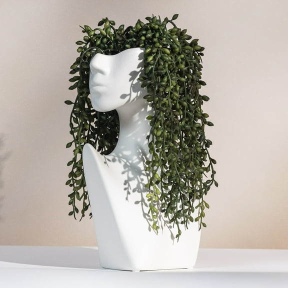 Luxurious 10.5" Matte White Ceramic Face Vase Set, with 4 Artificial Succulent Hanging Plant Stems Modern Neutral Decor Living Room Home Office Bookshelf Decorations Head Vase with Faux Hanging Stems