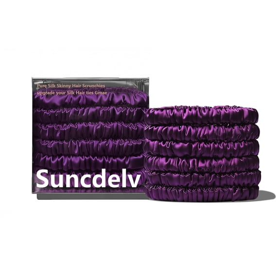 Luxurious 100%Silk Scrunchies - High Ponytail Holders that Protect Hair, No Crease & Hair-Friendly Elastic Bands deep purple 6PCS