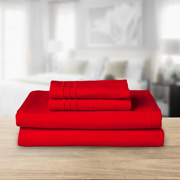 Luxurious 1500 Premium Hotel Quality Microfiber Three Line Embroidered Softest 4-Piece Bed Sheet Set, Wrinkle and Fade Resistant, King, Red
