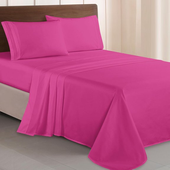 Luxurious 1500 Premium Hotel Quality Microfiber Three Line Embroidered Softest 4-Piece Bed Sheet Set, Wrinkle and Fade Resistant, Queen, Hot Pink