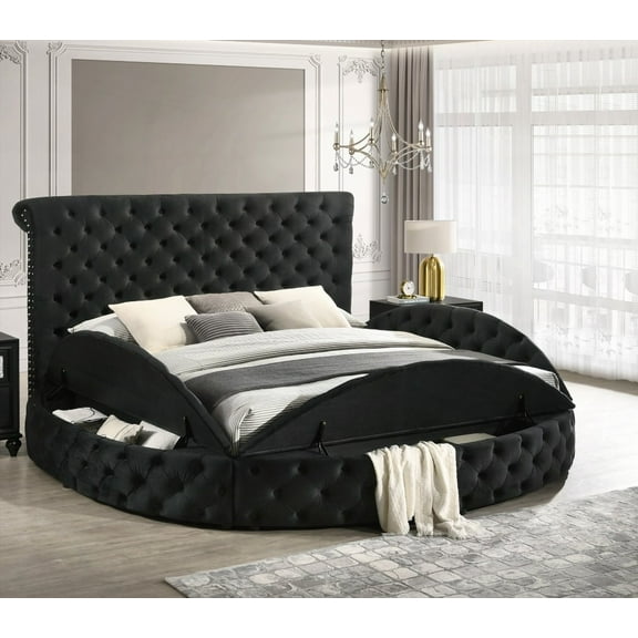 Luxurious 1pc King Size Round Bed Featuring Tufted Headboard and Black Footboard Storage Wooden Furniture