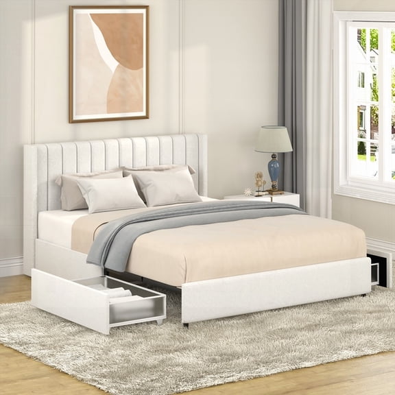 Luxurious 2-Drawers Bed with Patented System|Ivory Boucle, No Box Spring Needed