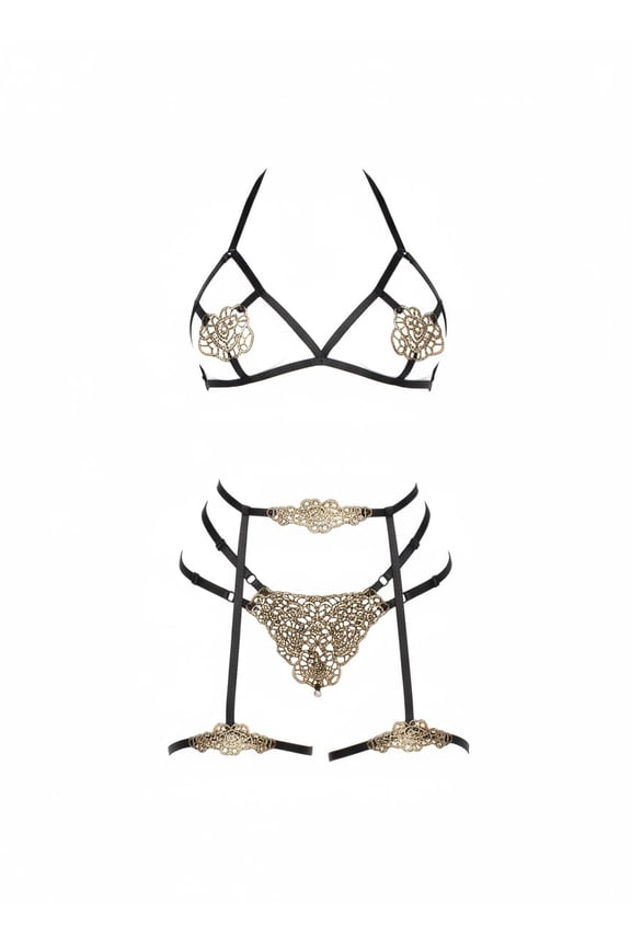 Luxurious 3-Piece Bra and Harness Set With Pearl G-String - Os - Gold