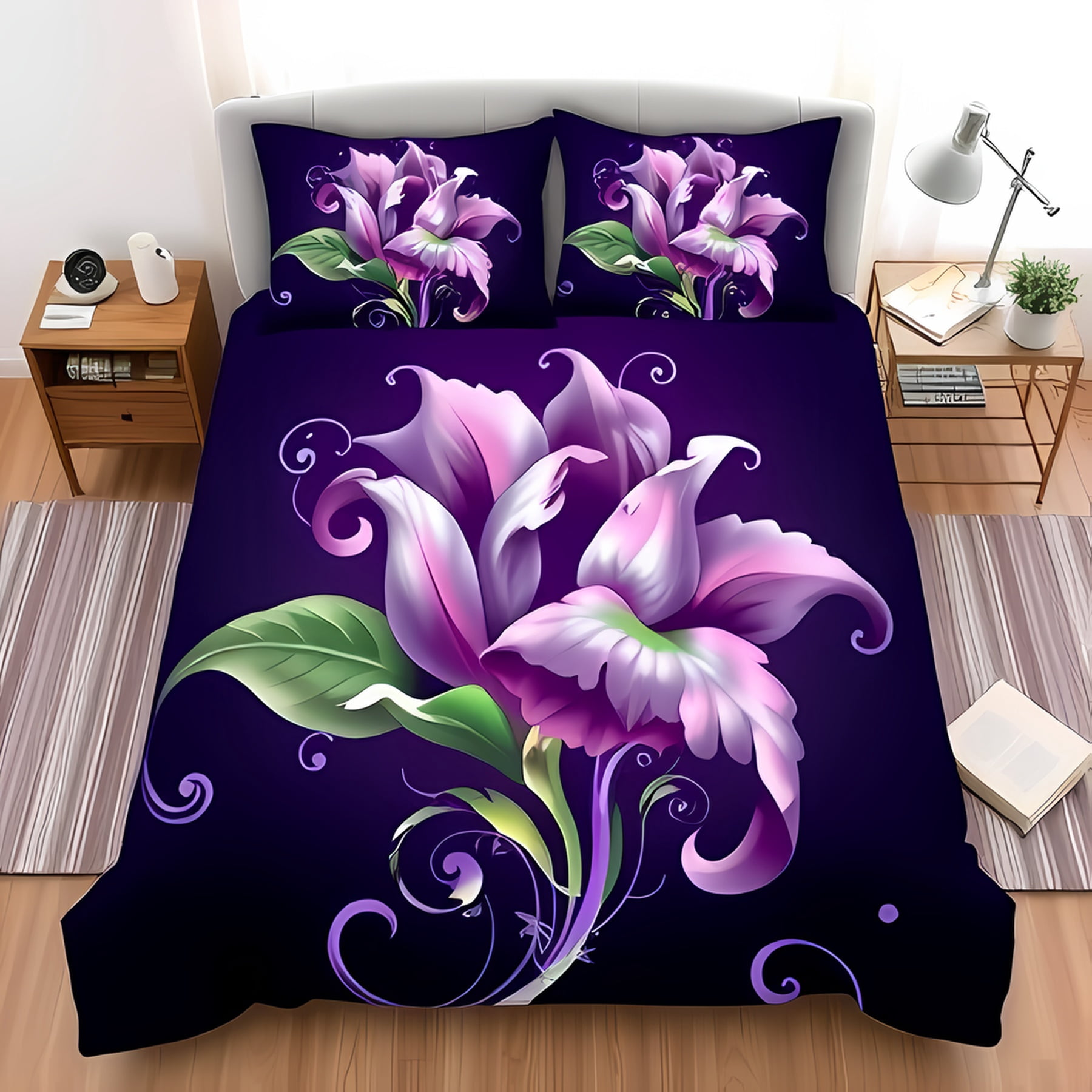 Violet Linen French Lilies 8-Piece Duvet Cover Set - Queen/Full 54" Bed, 100% Cotton Luxury Bedding 3 thumbnail image
