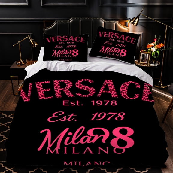 Luxurious 3-Piece Duvet Cover Set - Black Bedspread with Pink & White Print Design Includes Matching Pillows - Elegant Bedroom Decor