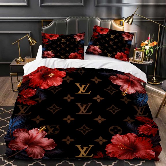 Luxurious 3-Piece Duvet Cover Set Black & Gold Floral Design with Red Monogrammed Modern Bedroom Decor